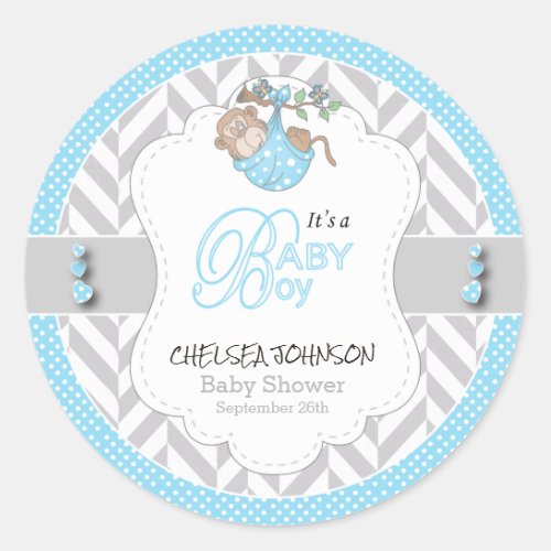 Baby Blue White Gray Monkey Baby Shower Classic Round Sticker
