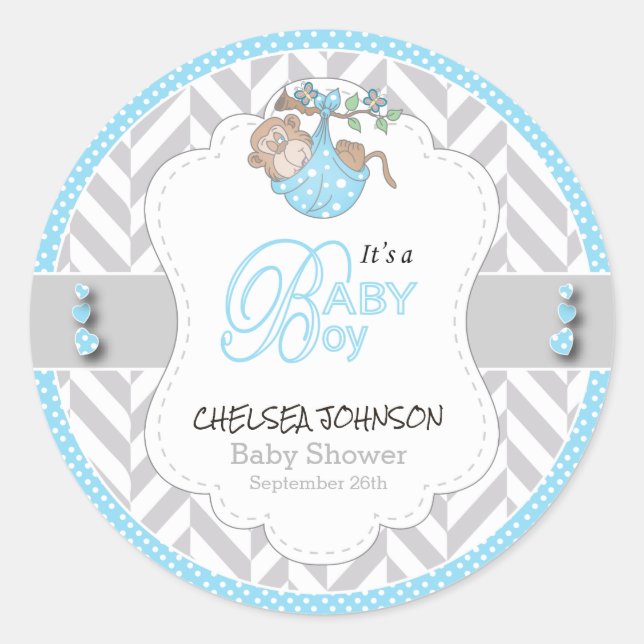 Baby Blue, White Gray Monkey Baby Shower Classic Round Sticker (Front)