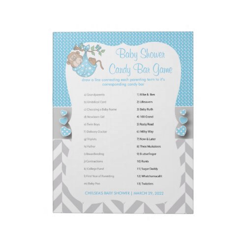 Baby Blue White  Gray Monkey Baby Shower _Game 2 Notepad