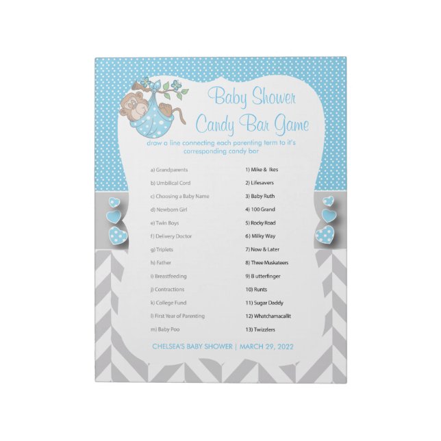Baby Blue, White & Gray Monkey Baby Shower -Game 2 Notepad (Rotated)