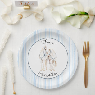 Baby Blue White Horses Stripes Wedding Paper Plates