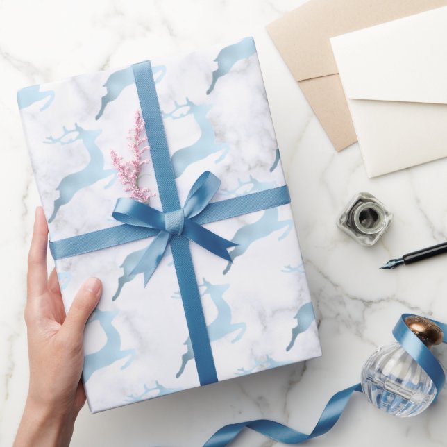 Baby blue white marble Christmas reindeer pattern Wrapping Paper (Gifting)