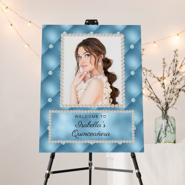 Baby Blue White Pearls Quinceañera Photo  Foam Board (In Situ (Stand))