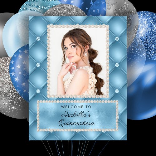 Baby Blue White Pearls Quinceaera Photo   Poster