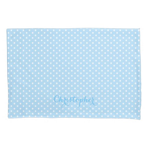 Baby Blue White Polka Dots Pattern Monogrammed Pillow Case