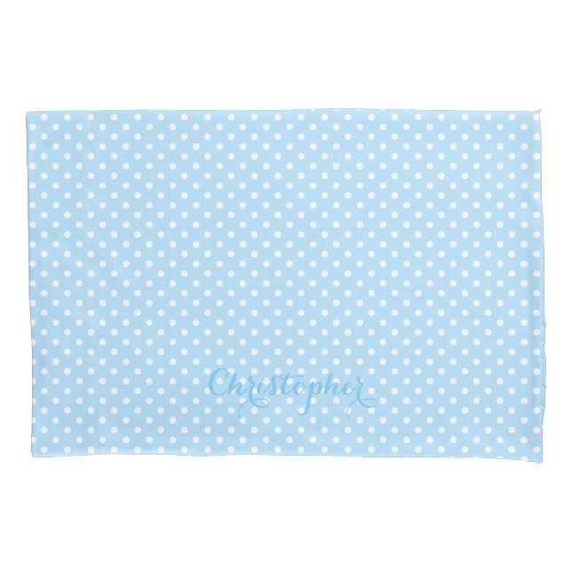 Baby Blue White Polka Dots Pattern Monogrammed Pillow Case (Front)