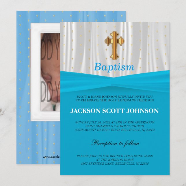 Baby Blue & White Satin Baptism / Christening Invitation (Front/Back)