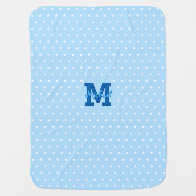 Baby Blue White Stars Monogrammed Warm Cozy Soft Baby Blanket (Front)