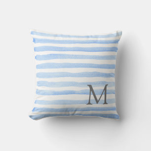 Baby Blue & White Stripes Monogram Throw Pillow