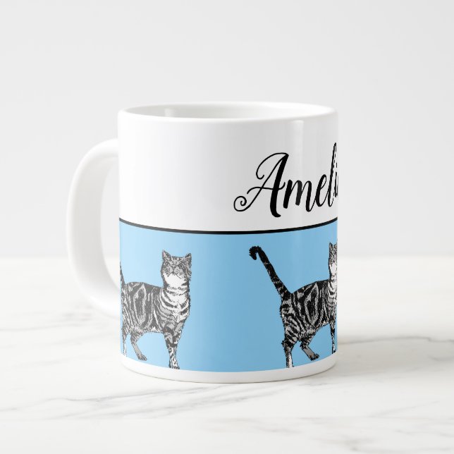 Baby Blue White Tabby cat Cats Whimsical Art Mug (Front Left)