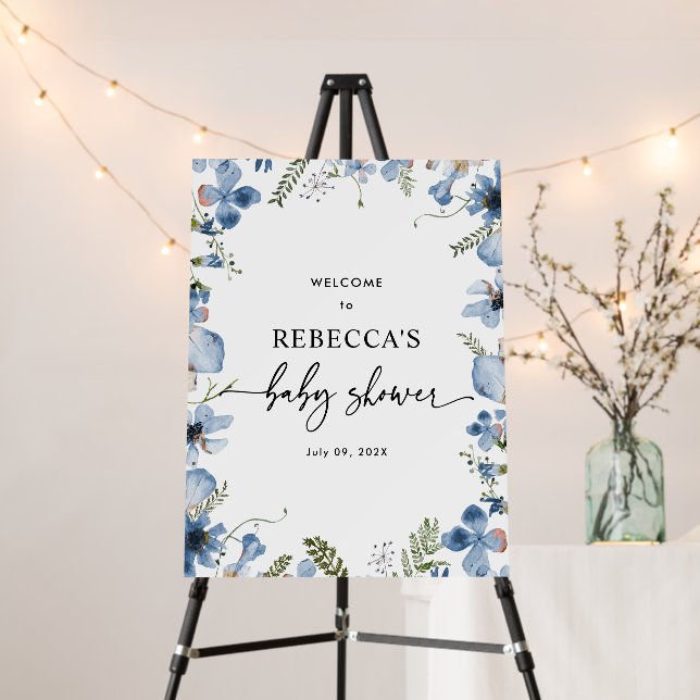 Baby Blue Wildflowers Baby Shower Welcome Sign (In Situ (Stand))