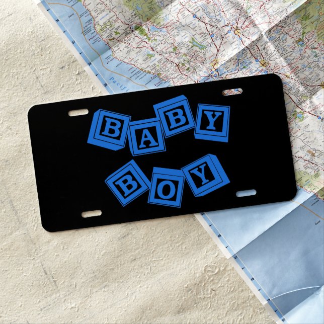 Baby Blue Wood Alphabet Cube Blocks License Plate (In Situ)