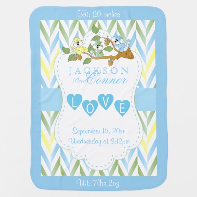 Baby Blue, Yellow and Green Pastel Squirrels Receiving Blanket (Front)