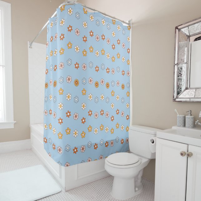baby blue & yellow floral pattern shower curtain (In Situ)