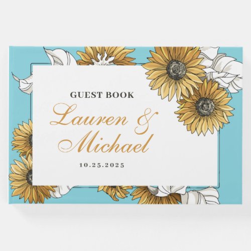 Baby Blue Yellow Sunflower Spring Floral Wedding Guest Book