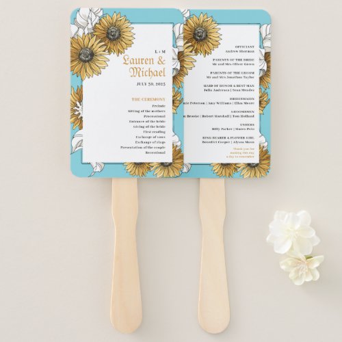 Baby Blue Yellow Sunflower Spring Floral Wedding Hand Fan