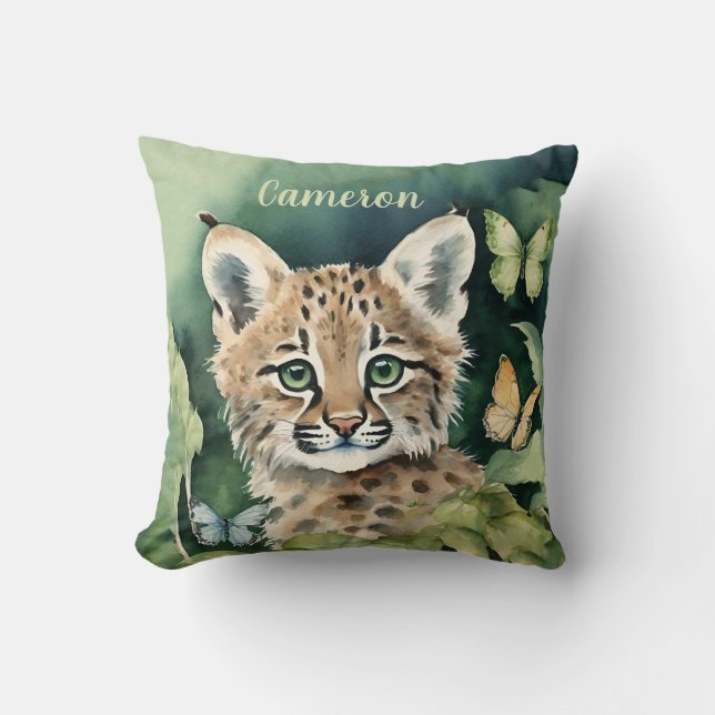 Baby Bobcat Gender Neutral Personalized  Throw Pillow (Front)