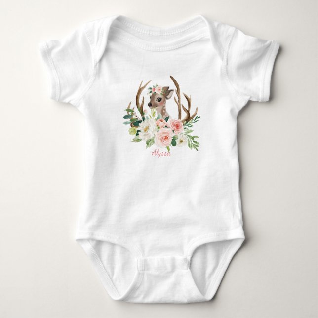 baby bodysuit cute woodland deer pink florals (Front)