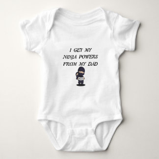 baby bodysuit with a pic of ninja and text on it.