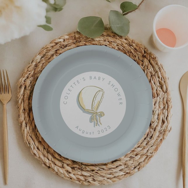 Baby Bonnet Baby Shower Blue Paper Plates (Mint blue baby bonnet baby shower personalized party paper plates.)