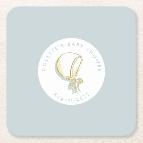 Baby Bonnet Baby Shower Blue Square Paper Coaster