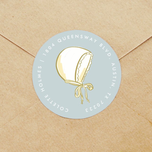 Baby Bonnet Blue Return Address Label (Baby bonnet mint blue baby shower return address label round stickers.)