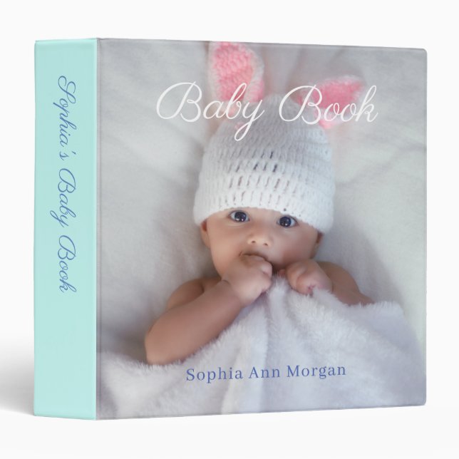 Baby Book, DIY Photo, Name, Date, Pale Teal 3 Ring Binder (Front/Spine)