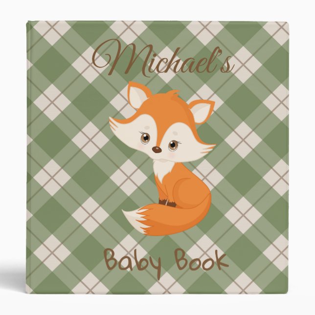 Baby Book Fox Gingham Personalized Photo Album 3 Ring Binder (Front)