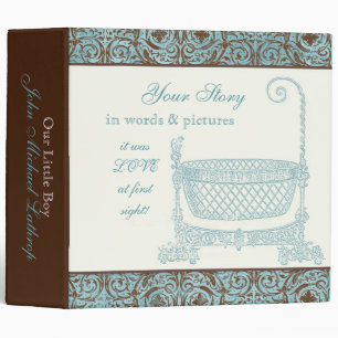 Baby Book Photo Album - Blue Brown Damask Cradle 3 Ring Binder