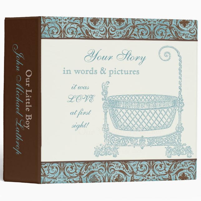 Baby Book Photo Album - Blue Brown Damask Cradle 3 Ring Binder (Front/Spine)
