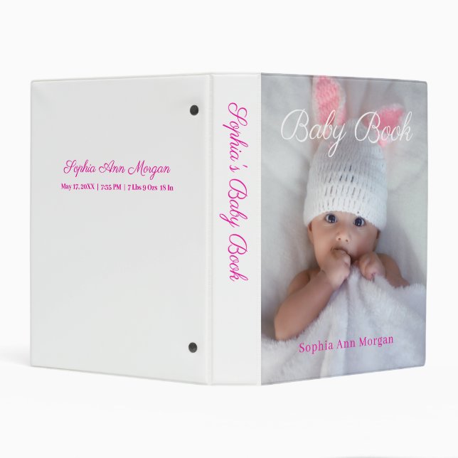 Baby Book, Photo, Name Date, Fuchsia Text on White Mini Binder (Background)