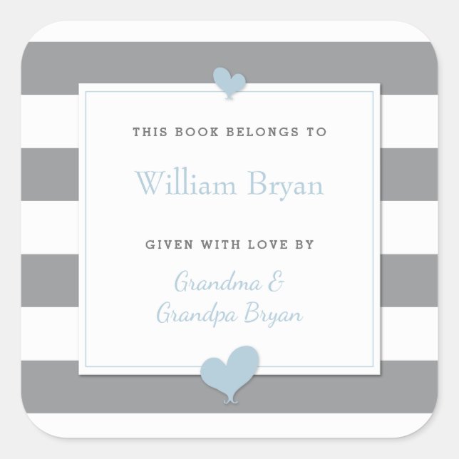 Baby Bookplate Grey Stripes Light Blue Hearts (Front)