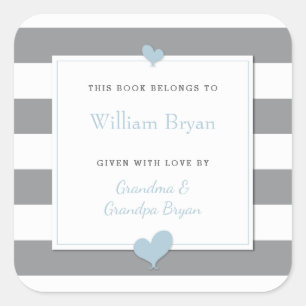 Baby Bookplate Grey Stripes Light Blue Hearts