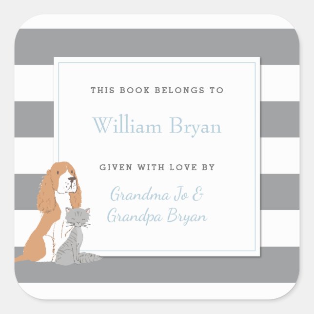 Baby Bookplate Grey Stripes Pets Dog and Cat (Front)