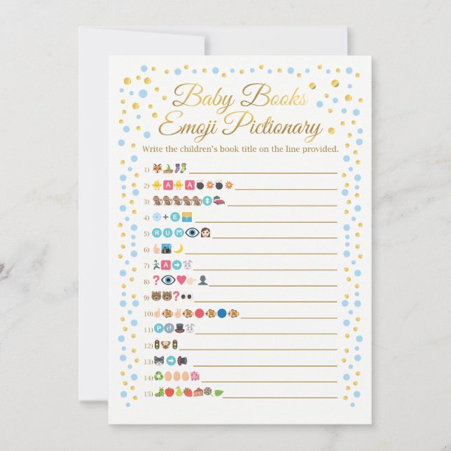 Baby Books Emoji Pictionary Game Blue and Gold Invitation (Front)