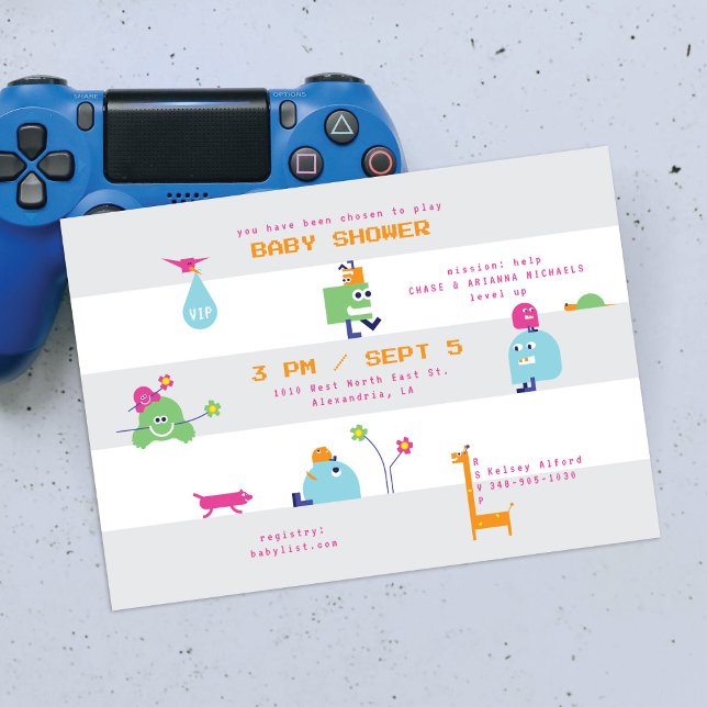 Baby Bots Gray Striped Baby Shower Invitation (Creator Uploaded)