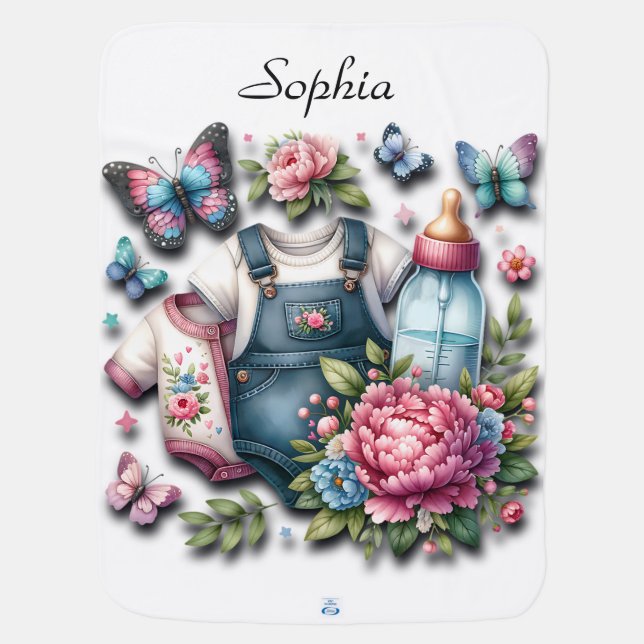 Baby Bottle, Blue Jeans and Butterflies  Blanket (Back)