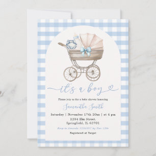 Baby Bottle Carriage Blue Gingham Baby Shower Invitation
