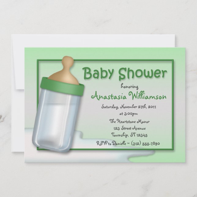 Baby Bottle Green Baby Shower Invitations (Front)