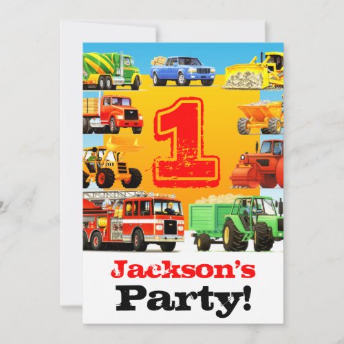 Baby Boy 1st Birthday Big Trucks Party Invitation