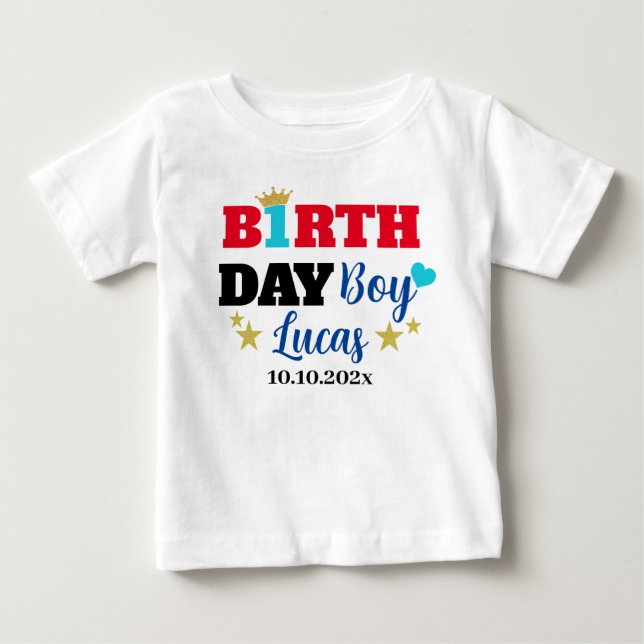 Baby Boy 1st Birthday Gold Crown Custom White Baby T-Shirt (Front)