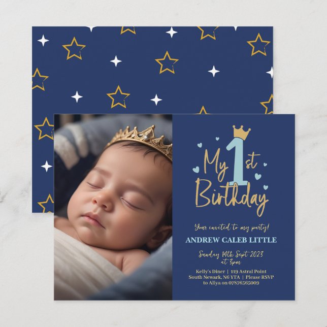 Baby boy 1st birthday invitation with photo (Front/Back)
