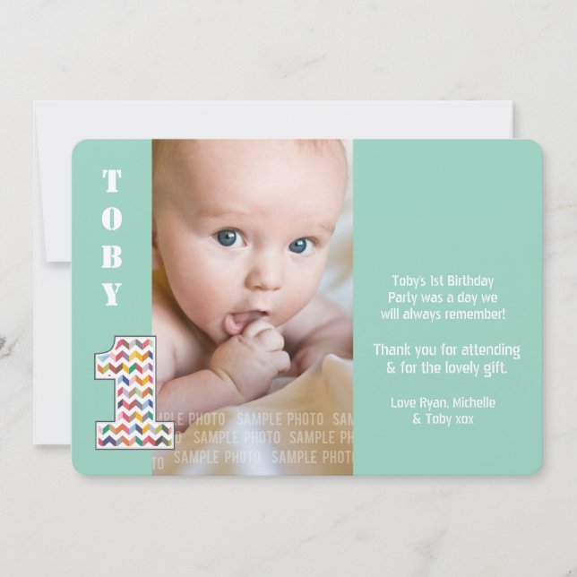 Baby Boy 1st Birthday One Thank You Photo Card (Front)