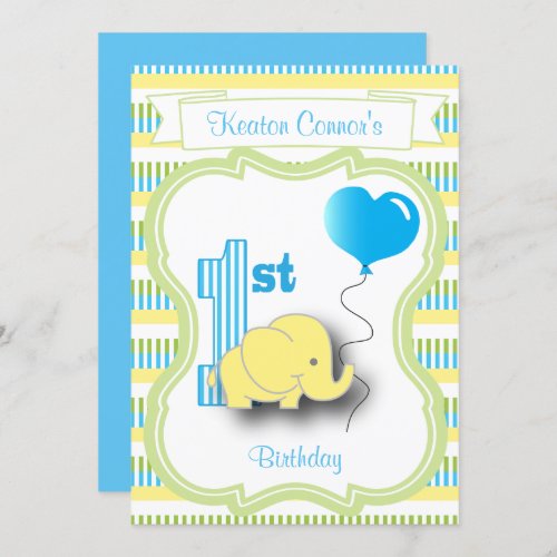 Baby Boy 1st Birthday Party with A Baby Elephant Invitation