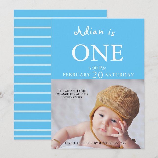 Baby Boy 1st Birthday Photo Invitation (Front/Back)