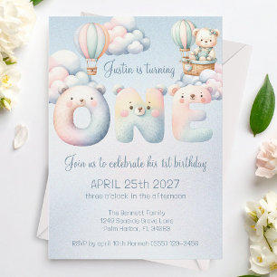 Baby Boy 1st Birthday Teddybear Air Balloon Clouds Invitation