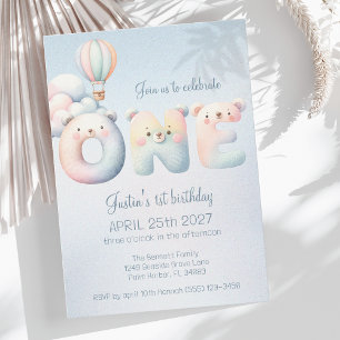 Baby Boy 1st Birthday Teddybear Air Balloon Clouds Invitation