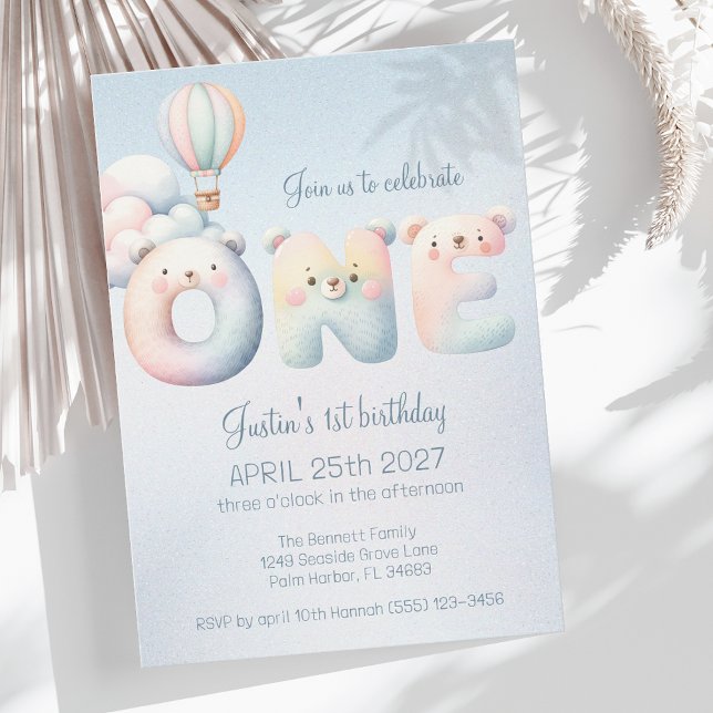 Baby Boy 1st Birthday Teddybear Air Balloon Clouds Invitation (Creator Uploaded)