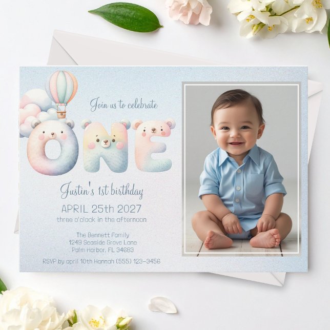 Baby boy 1st birthday teddybear air balloon photo invitation (Creator Uploaded)