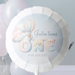 Baby boy 1st birthday teddybear blue skies clouds balloon